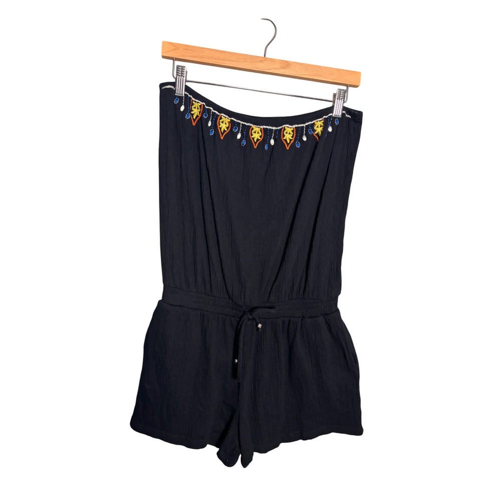Energie Womens Romper XL Black Strapless Embroidered Gauze Boho Festival